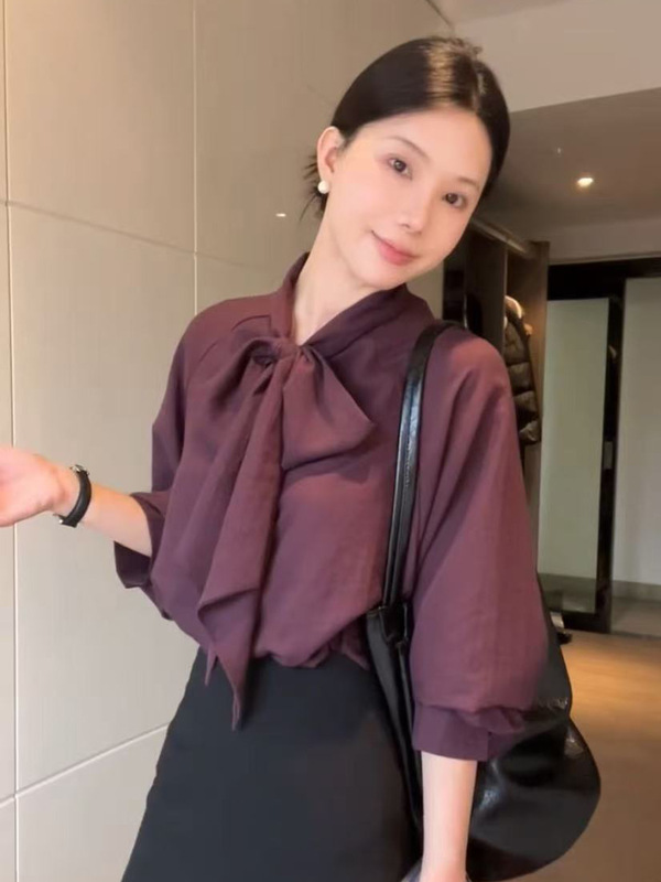 时尚通勤蝴蝶结系带领长袖衬衫女高级感气质小资别致修身百搭上衣|undefined
