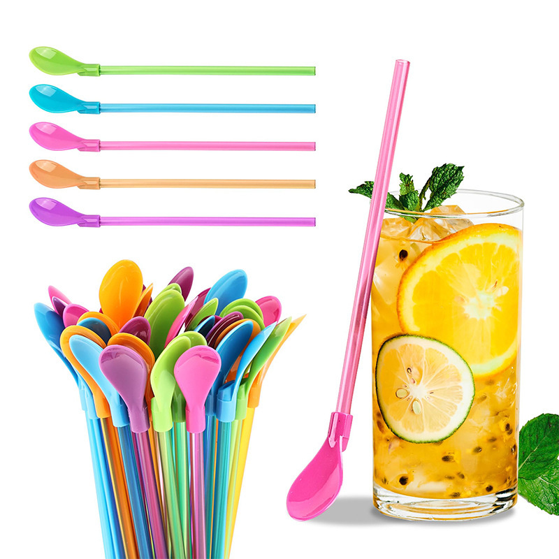Factory in stock straw spoon dual-use plastic spoon simple tableware candy color candy color straw integrated mixing spoon Factory in stock straw spoon dual-use plastic spoon simple tableware candy color candy color straw integrated mixing spoon