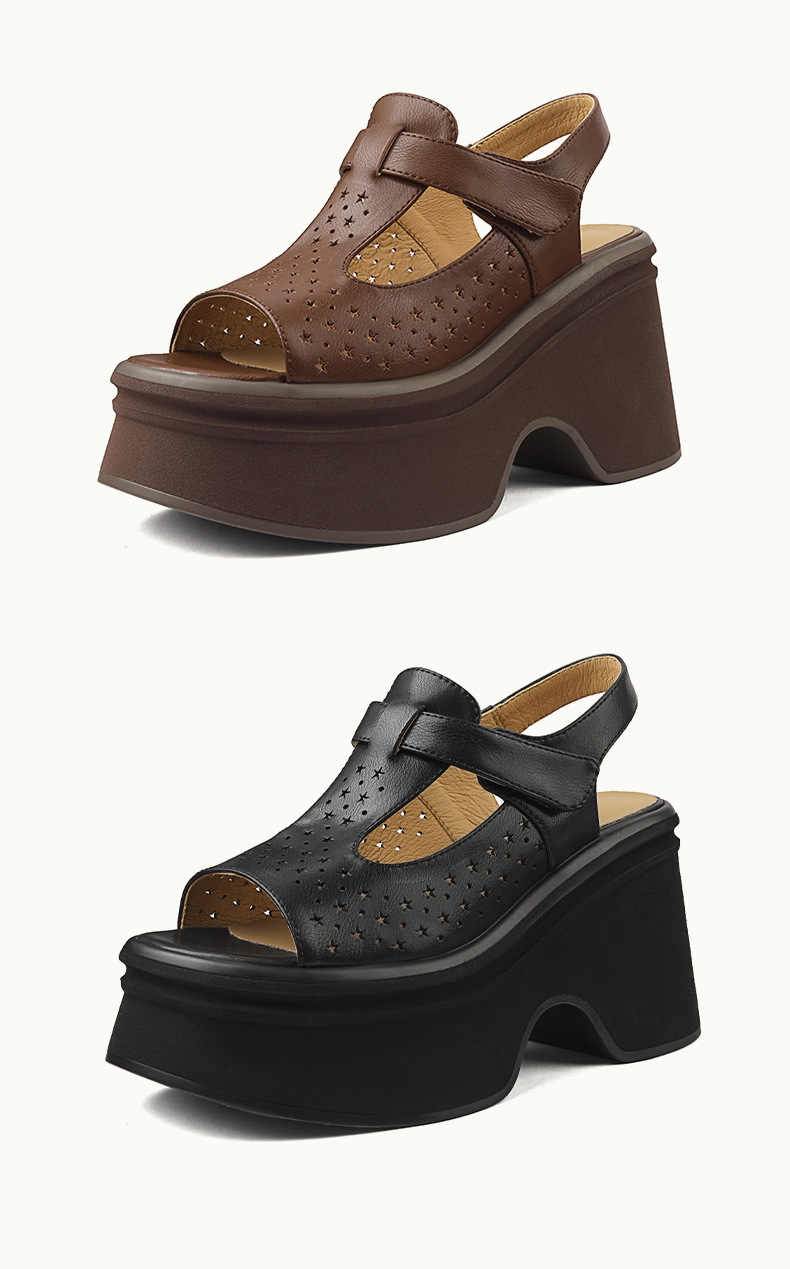 Sandal cao gót nữ đế xuồng mũi hở quai Velcro — Màu nâu, Màu đen chi tiết 9