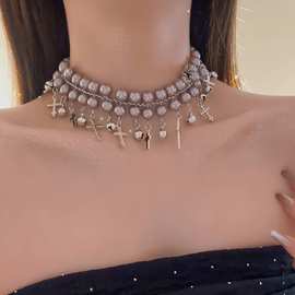 甜酷珍珠十字架铃铛潮流项链女个性叠戴锁骨链小众设计气质颈链潮