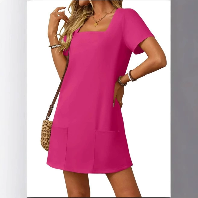 Лето 2025 г., европейское и американское трансграничное женское повседневное однотонное платье Amazon Independent Station с квадратным вырезом и короткими рукавами и карманами