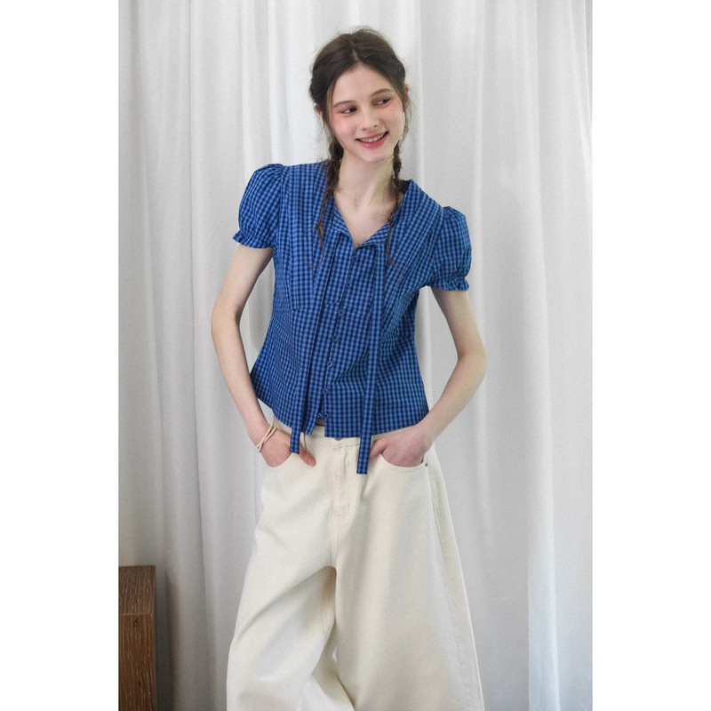 Qiao Mi's Summer Story-Like Romantic Retro V-Neck Slightly Cinched Waist Plaid Denim Short-Sleeve Shirt for Women