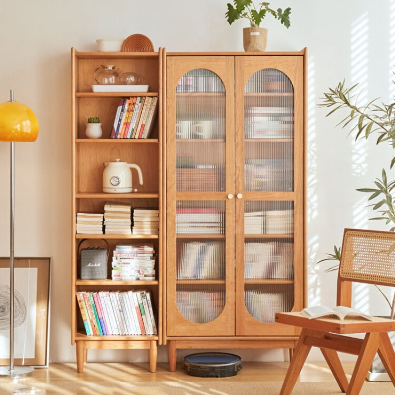 Scandinavian Solid Wood Bookcase Home Living Room Glass Storage Display Cabinet Study Simple Storage Bookshelf Combination