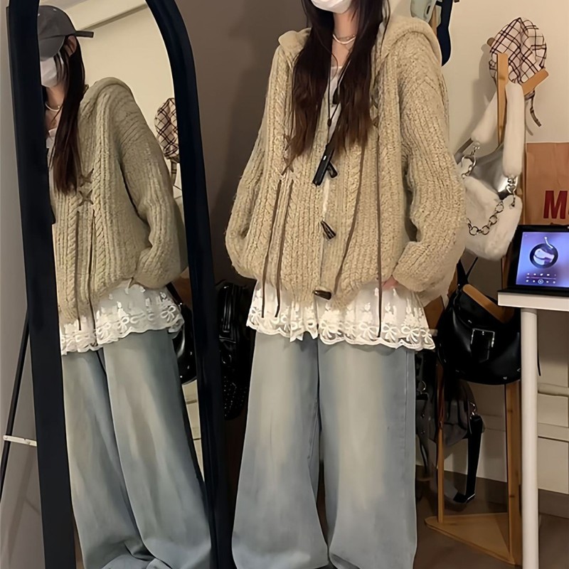 美式复古兔耳朵牛角扣连帽毛衣女秋冬宽松显瘦慵懒风针织开衫外套|undefined