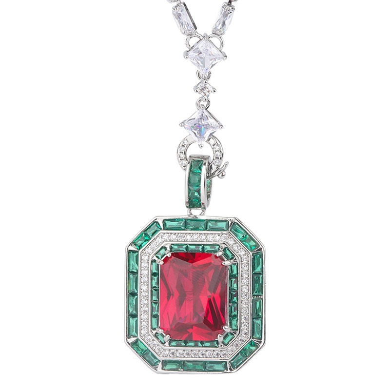 Zhuang Sheng joyería cobre inferior chapado en oro europeo simulación Esmeralda red Gang Yuhao con incrustaciones cuadrado 12*16 colgante collar para las mujeres