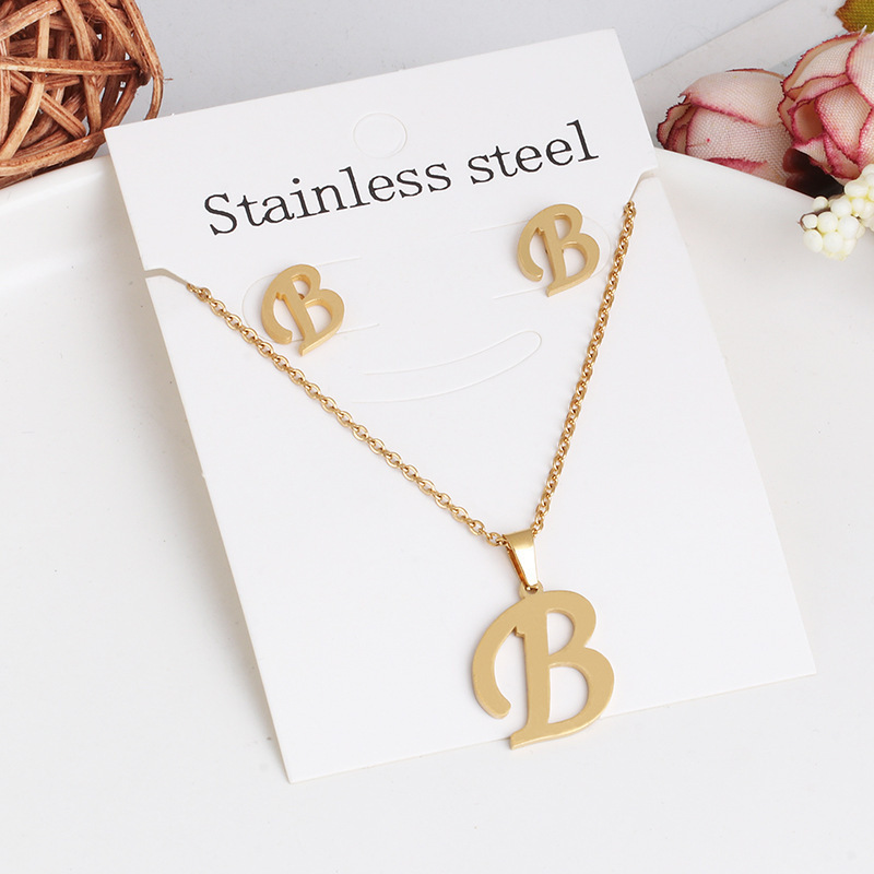 New stainless steel 26 letter female necklace earring set, fashionable and atmospheric, summer non fading accessories_voghion.com