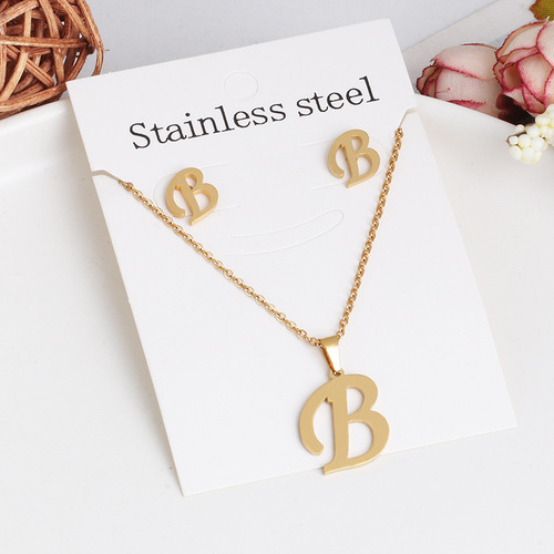 Stainless steel 26 English letter women's necklace earring set elegant summer colorfast accessories letter necklace