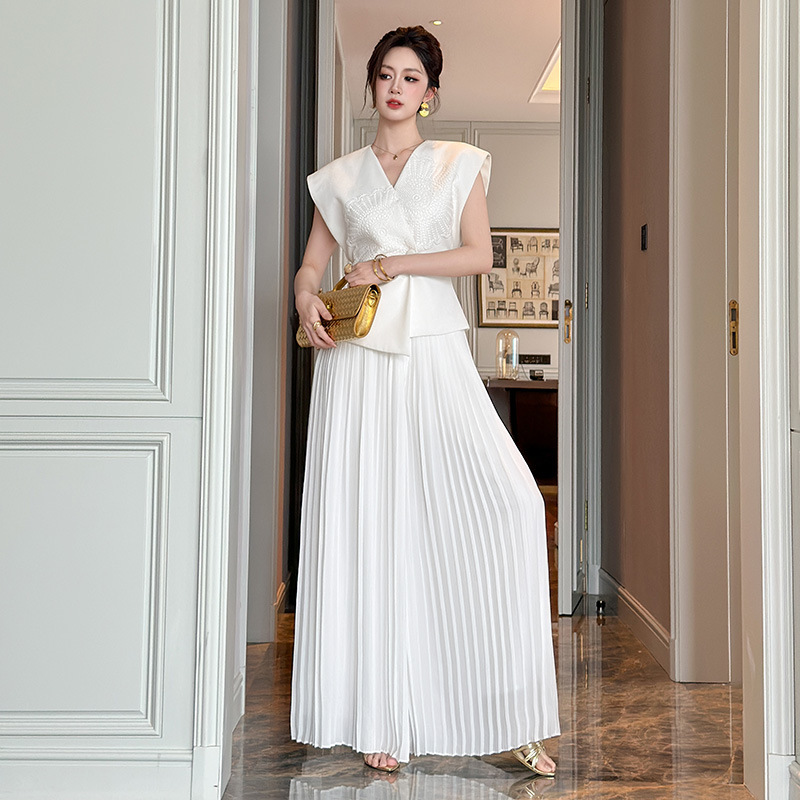 Quần ống rộng xếp ly cạp cao nữ phong cách mới — trắng