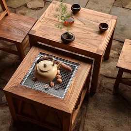老榆木围炉茶桌户外实木小茶桌日式火钵碳炉茶台原木茶几火锅桌