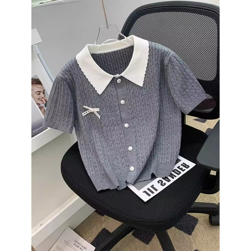 Cd38 French Doll Collar Short-Sleeved T-Shirt for Women Summer Design Preppy Style Short Knitwear with Bow