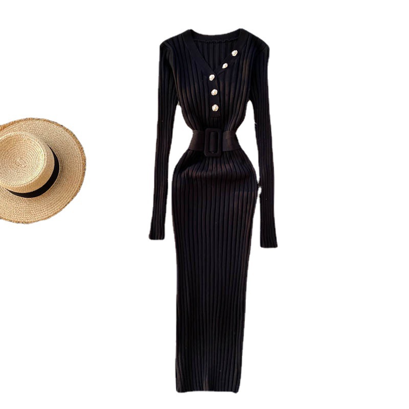 Roupas femininas vestido de malha novo design outono e inverno cinto cintura emagrecimento pit stripe slim manga comprida saia de fundo_voghion.com