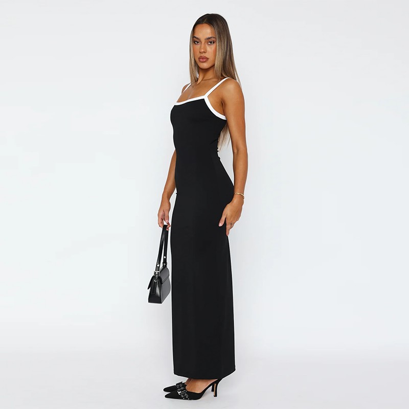 Sling Contrast Color Knitted Sexy Backless Dress Women Sexy Slim Fit Maxi Dress
