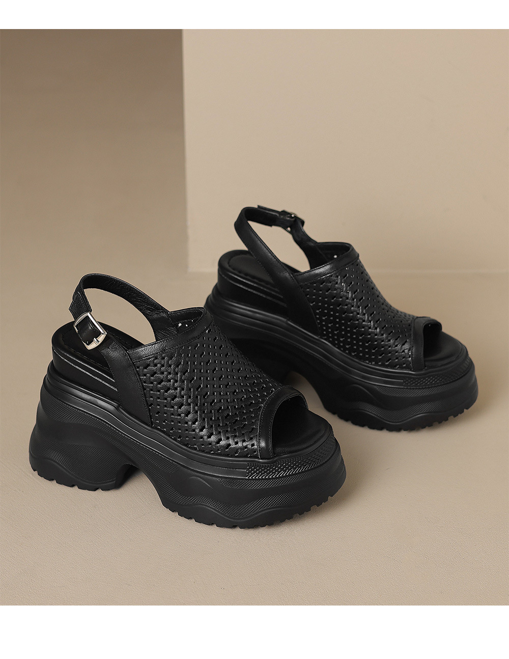 Sandal nữ tăng chiều cao 12cm đế xuồng đan kiểu La Mã hở mũi — Màu đen chi tiết 14