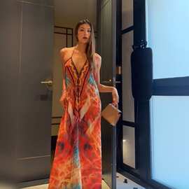 跨境女装波西米亚海岛度假风印花深V 吊带宽松垂坠大摆长款连衣裙