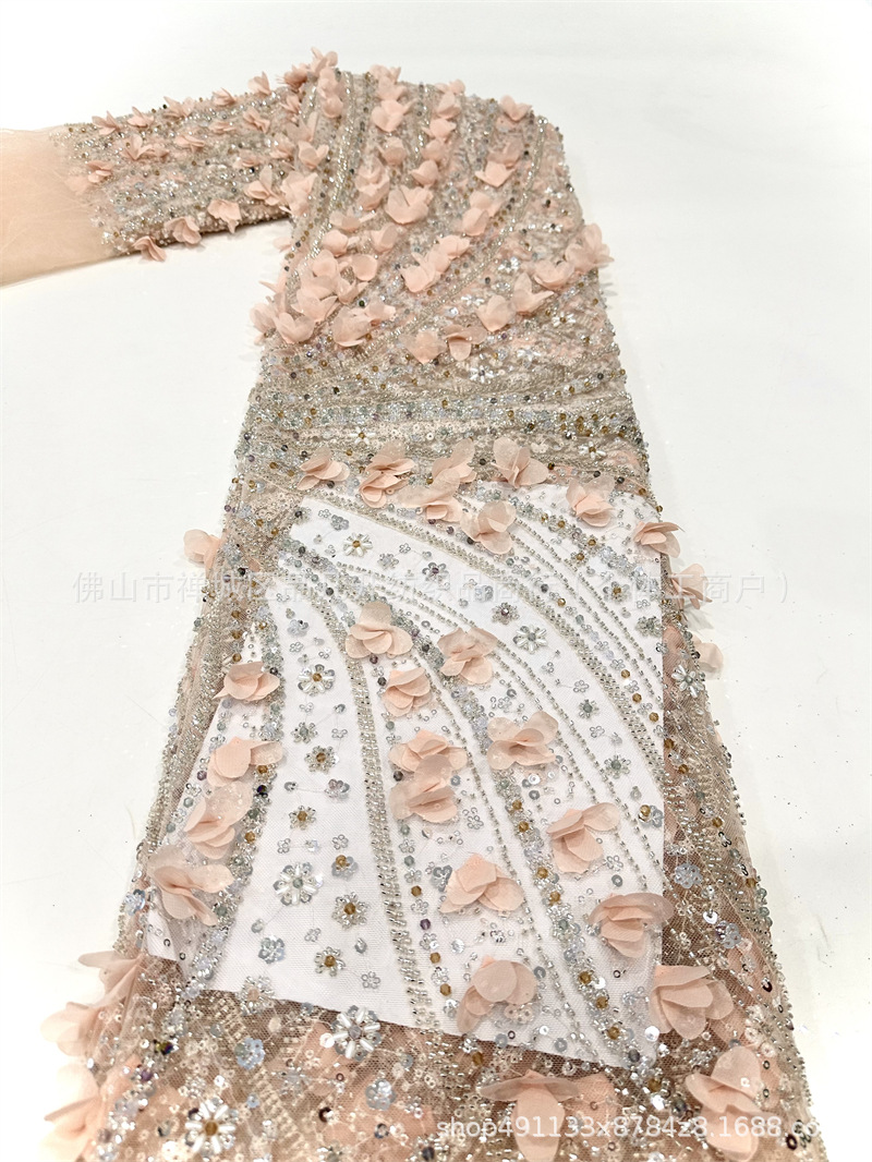 Tejido de bordado de tubo de perlas decalcado a mano diseño ligero lujoso de moda espectáculo de escenario vestido de tela de encaje
