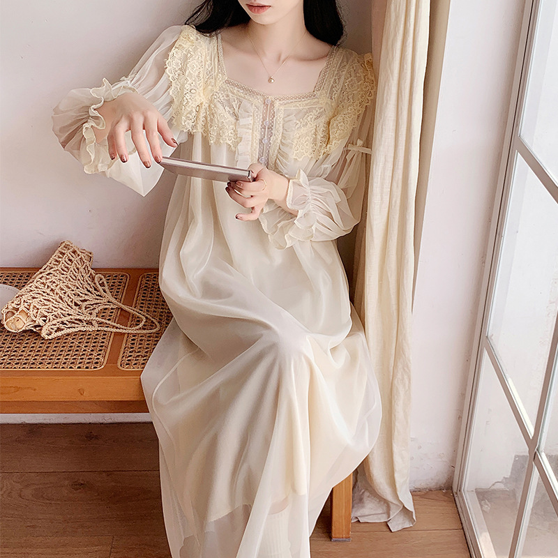Nightgown with Chest Pad Morning Gown Bride Women Spring and Autumn Summer Fairy Princess Court French Pajamas Home Clothes Modal