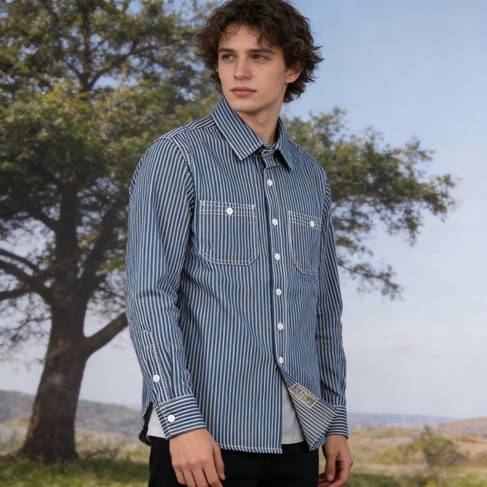 Camicia uomo stile retro americano a righe verticali_voghion.com