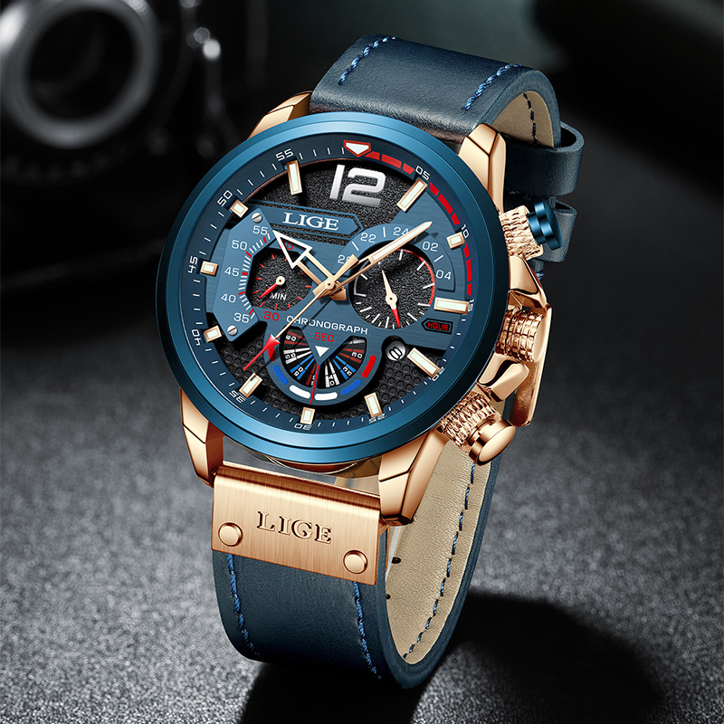 LIGE 8959 nuevo cinturón de seis pines calendario personalidad dial luminoso aguja multifuncional transfronteriza reloj de hombre