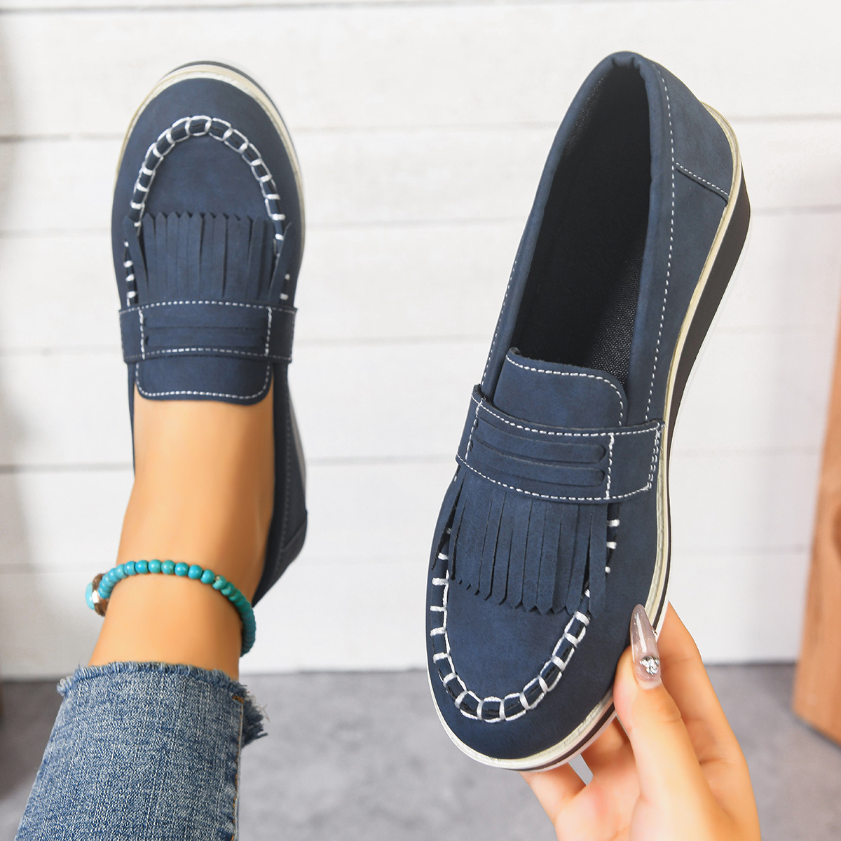 Damen-Slipper mit niedrigem Schaft, Quasten, britischem Stil, dicker Sohle, Keilabsatz und Federung_voghion.com
