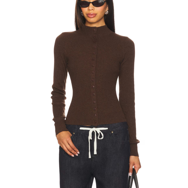 European and American Style Knit Sweater for Women, Autumn Brown Half-Turtleneck Ribbed Single-Breasted Slim-Fit Long-Sleeve Base Shirt, Pre-Sale European and American Style Knit Sweater for Women, Autumn Brown Half-Turtleneck Ribbed Single-Breasted Slim-Fit Long-Sleeve Base Shirt, Pre-Sale