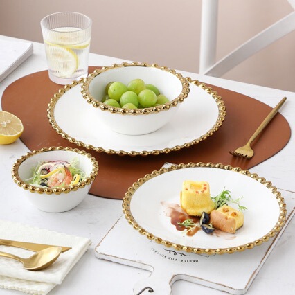 Light Luxury Style Phnom Penh Pearl Point Ceramic Bowl Plate Tableware Household Western Food Plate Steak Plate Fruit Salah Bowl Dessert Bowl