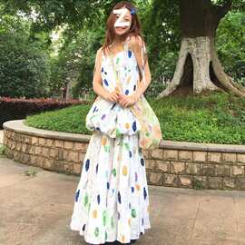 原版做法 田园风彩色印花吊带两件套新款小个子度假风大摆裙套装