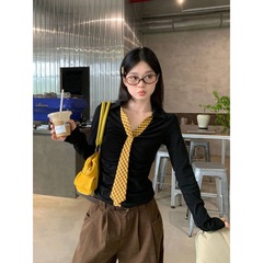 黑色初秋polo领内打底秋季领带韩系修身T恤女短款设计长袖上衣ins