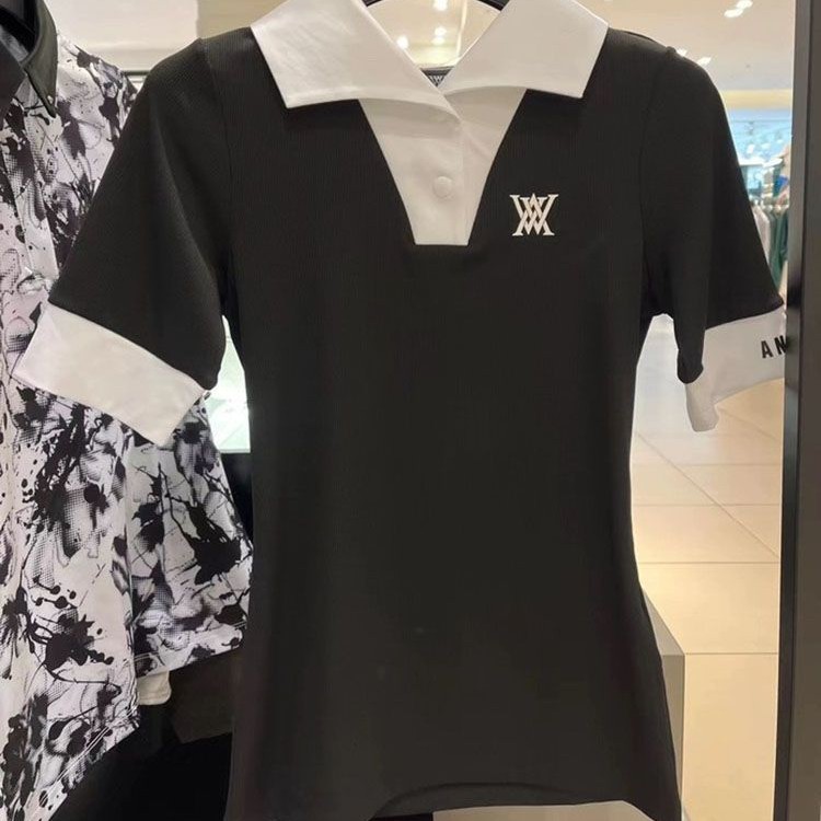 Korean Style Spring and Summer Golf Women's Clothing with Lapels, Black and White Stitching, Fashionable and Versatile Short-Sleeved T-Shirt, Quick-Drying for Golf