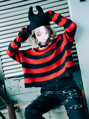 Fall Round Neck Striped Hooded Sweatshirt Hole Hot Selling Short-Sleeve Knit Sweater Women Fashion Y2K
