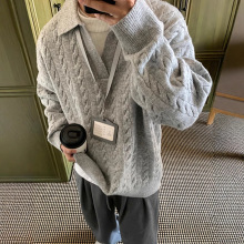 灰色假两件不起球毛衣男款冬季慵懒高级感韩系穿搭v领内搭针织衫