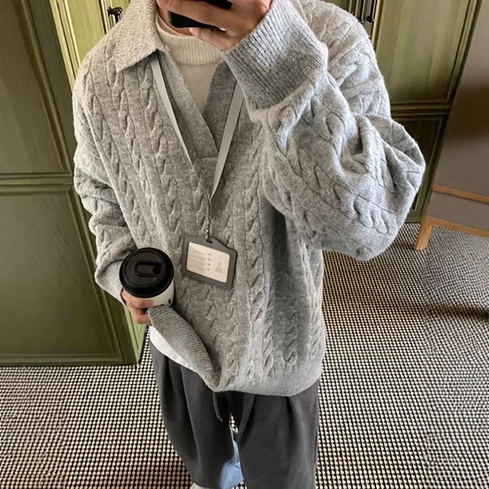 灰色假两件不起球毛衣男款冬季慵懒高级感韩系穿搭v领内搭针织衫