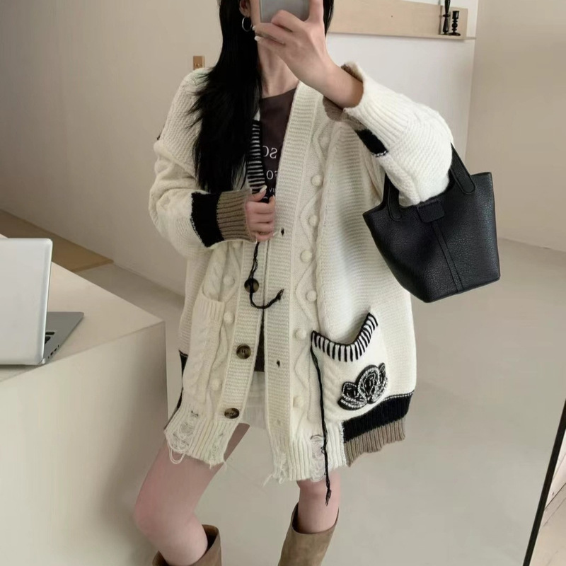 韩系气质简约针织开衫女秋冬新款宽松加厚慵懒风复古加厚毛衣外套|undefined