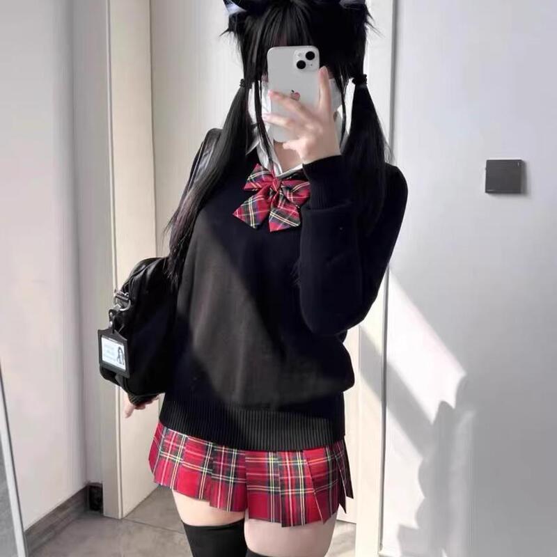 Original Authentic Japanese-Style Christmas Red Plaid Skirt School Uniform Set with Pleated Skirt and Long Sleeves for Women