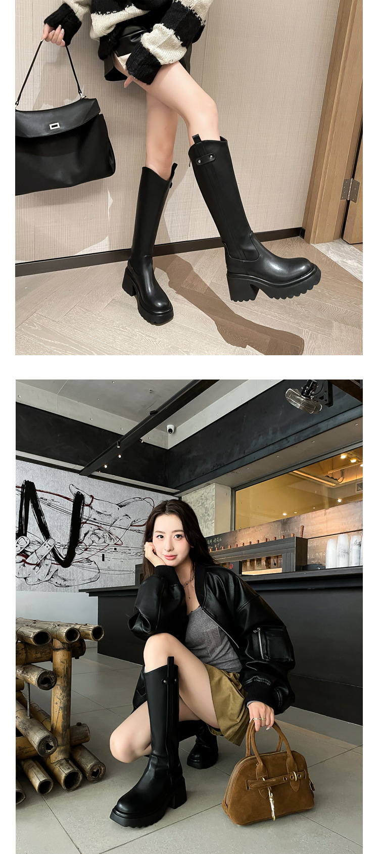 Boot nữ cổ cao ôm bắp chân đế dày gót thấp da thật mùa thu đông — Lớp lót nhung ống lớn màu nâu, Màu nâu cộng với lớp lót đơn lớn, Màu nâu cộng với lớp lót nhung lớn, Lớp lót nhung ống lớn màu đen chi tiết 9
