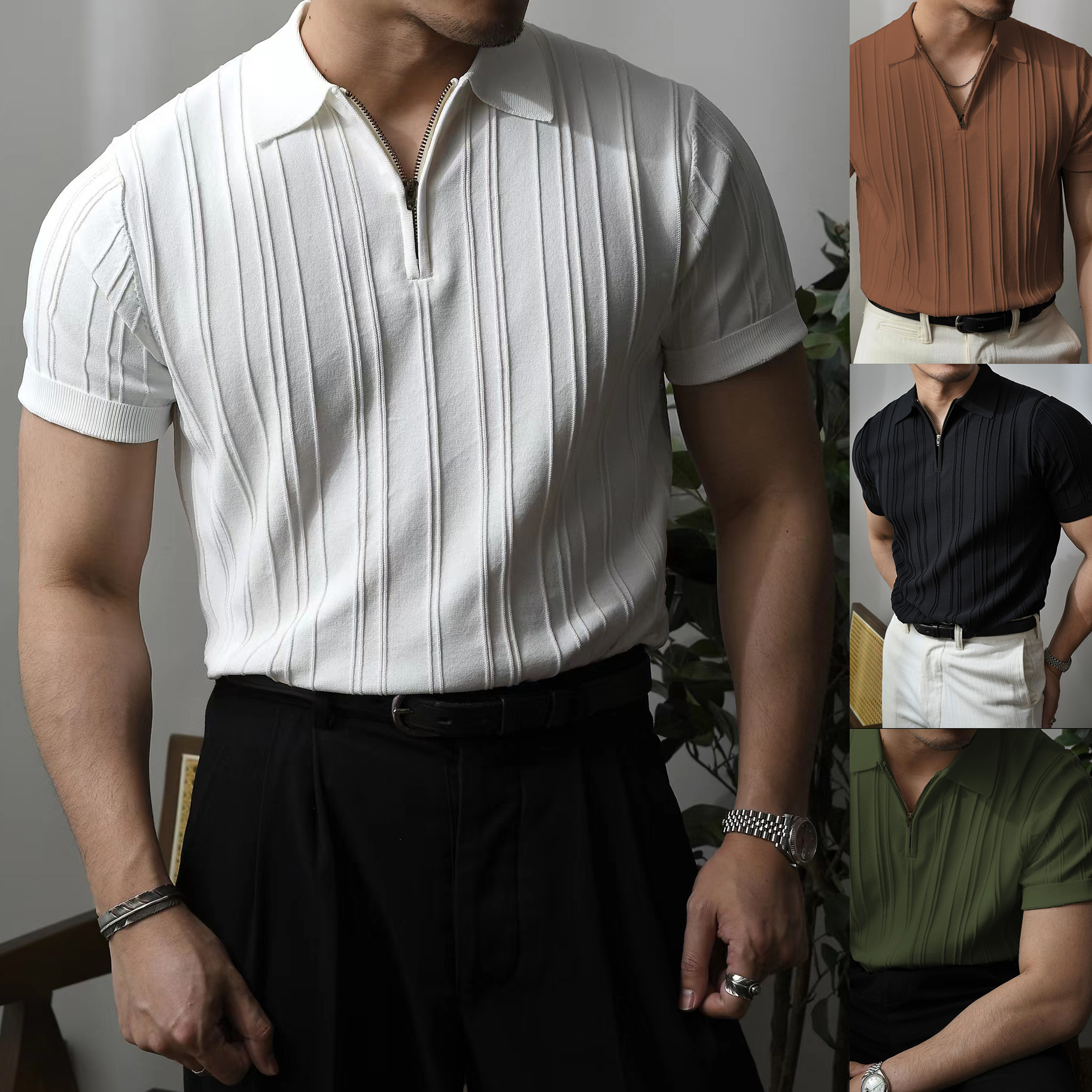 Polo camiseta de punto camiseta de manga corta hombre solapa media cremallera rayas viejas camisetas de hielo de viento de verano fábrica transfronteriza al por mayor
