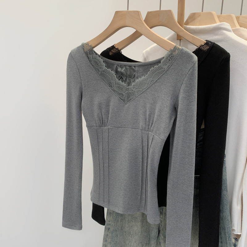 Brand Same Design Lace V-Neck Long-Sleeved T-Shirt for Women Autum 2025 New Korean Style Beautiful and Beautiful