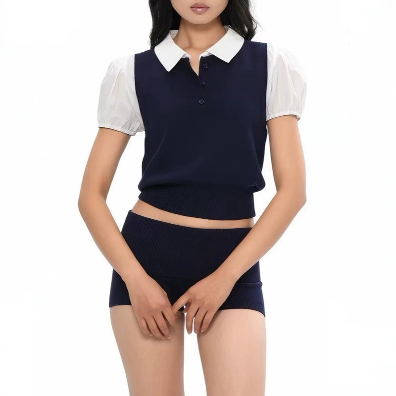 Sweetchilling26 Spring Knitted Polo Collar Fake Two-Piece Sweater Top Knitted Shorts Sweetchilling26 Spring Knitted Polo Collar Fake Two-Piece Sweater Top Knitted Shorts