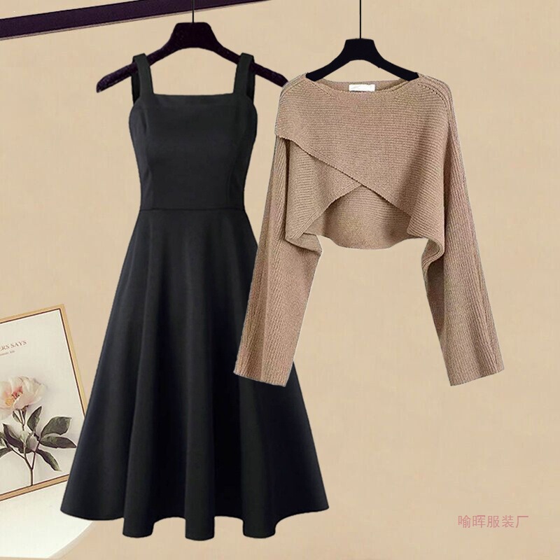 Autumn and Winter Outfit Set 2026 New Design Cross-Over Sweater Women's Slimming Suspender Dress Two-Piece Set