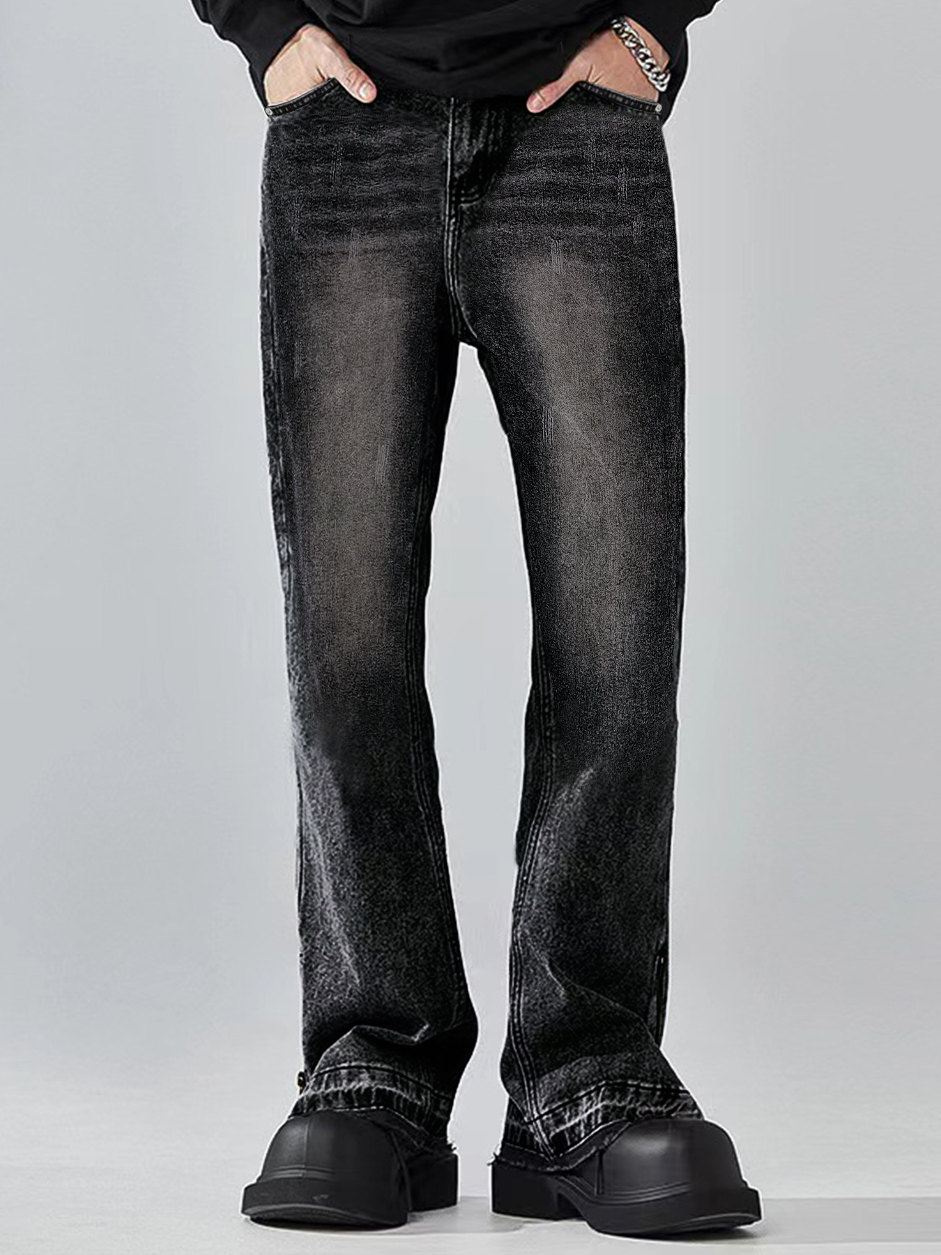 Men's Clothing Men's Trendy Light Blue Stretch Straight Leg Jeans Style High Street Slightly Flared Loose Fit Washed_mkmklike.com
