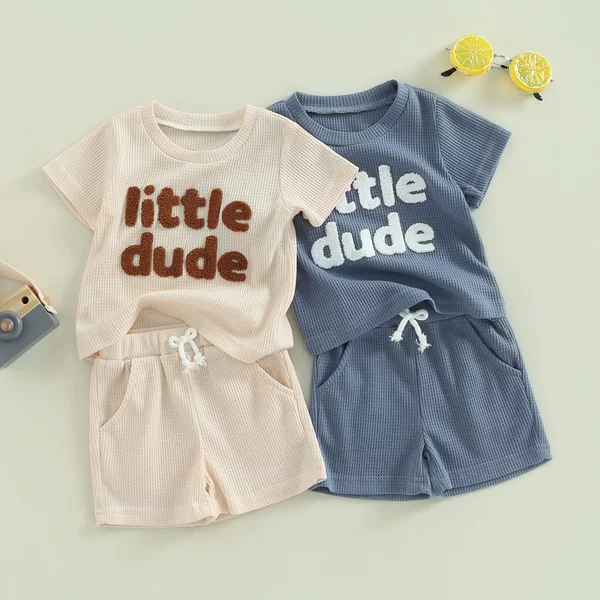 Ins European and American Children's Wear 0-2 Years Old Baby Summer Wear New Waffles Letter Embroidered Short Sleeve Shorts Baby Suit