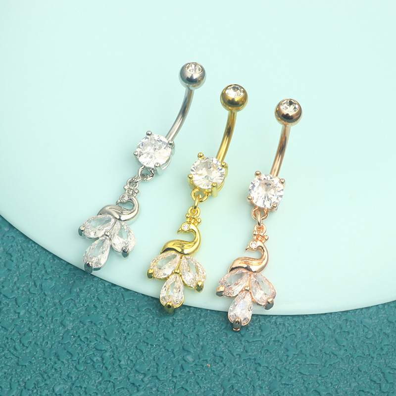 Stainless Steel Swan Feather Zircon Navel Ring - Rose Gold Heart Belly Button Piercing Jewelry for Women detail image 7
