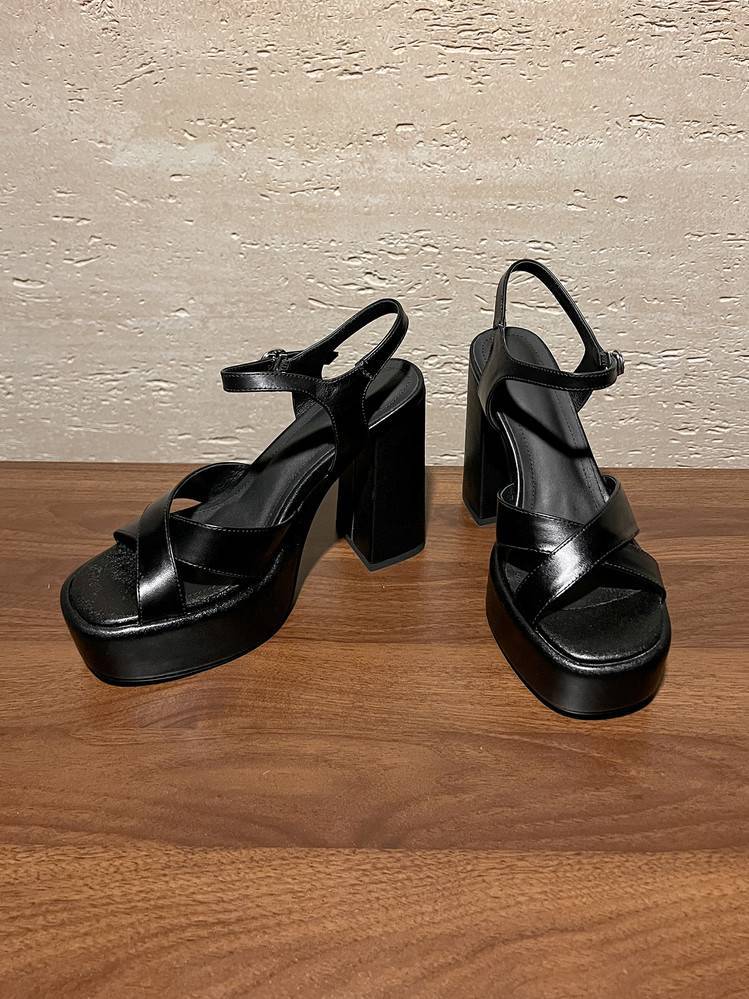 Sandal cao gót nữ quai chữ T đế xuồng gót vuông 9 cm — màu đen, màu trắng ngà chi tiết 16