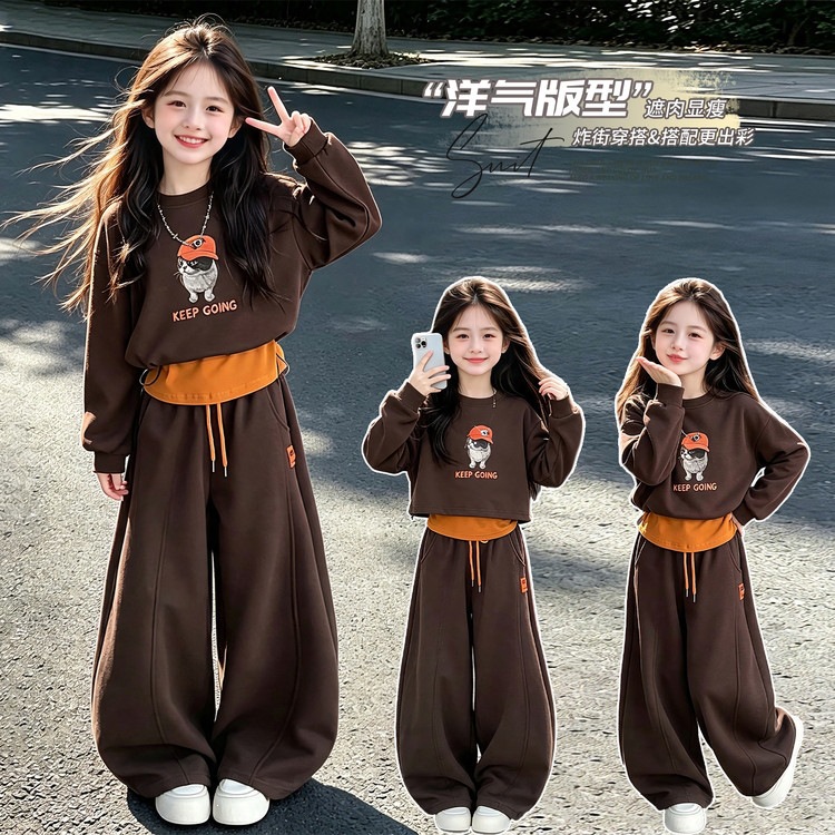 Girls' Autumn Three-Piece Outfit 2026 New Cartoon Sweatshirt Little Girl's Wide-Leg Pants Stylish Casual Set