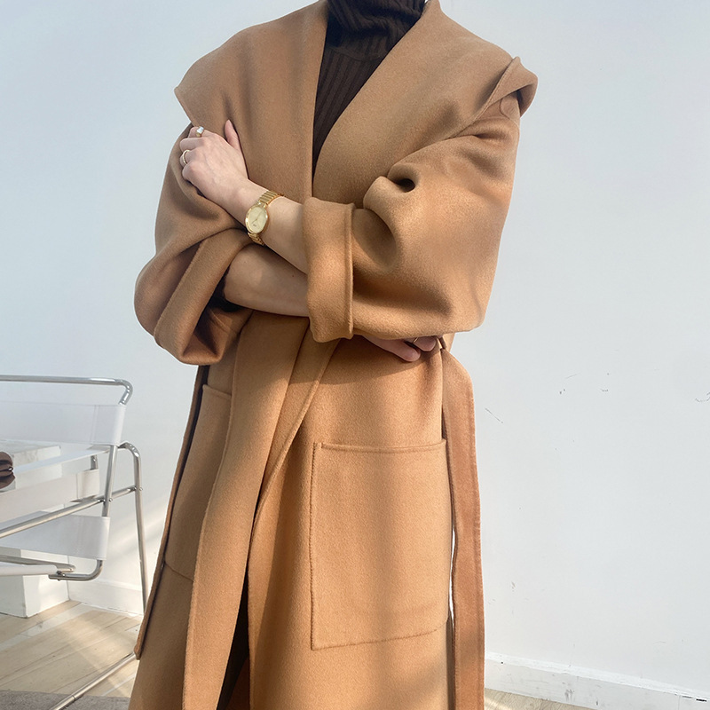 2024女双面羊毛大衣手工缝制连帽羊毛呢外套韩版宽松冬季新款长款