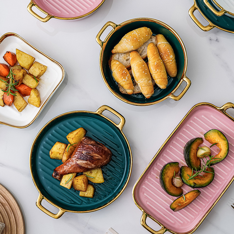 Nórdico creativo oro borde tazón placa vajilla combinación traje ins estilo desayuno de cerámica ensalada fruta postre bandeja