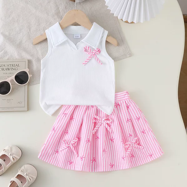 Foreign Trade 2026 Summer Girls' Collared Vest Top and Striped Bow Skirt Two-Piece Set