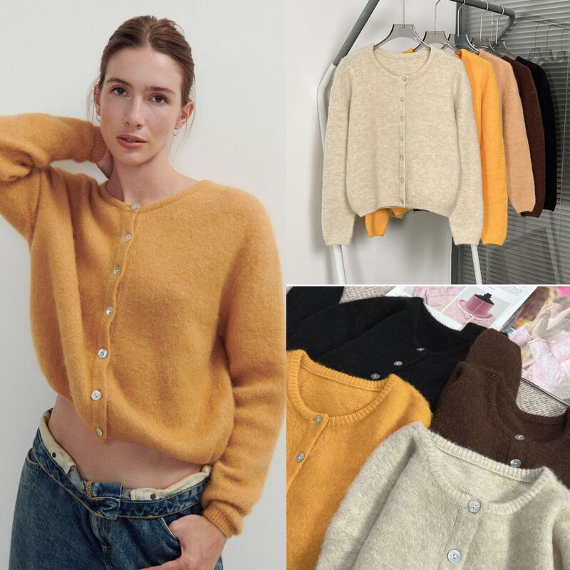 House25 Autumn and Winter Natural Mother-Of-Pearl Buckle Multi-Color Alpaca Wool Mixed Wool Knitted Round Neck Short Sweater Cardigan