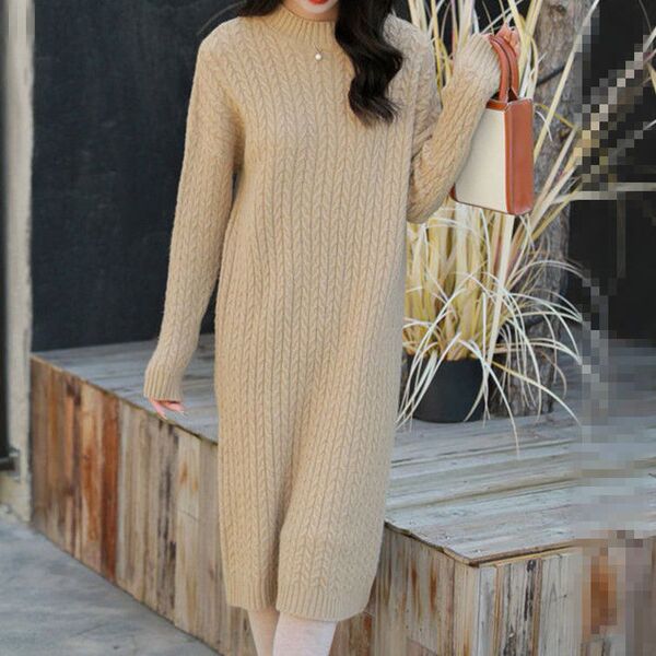 Long demi-season solid color sweater with a round collar