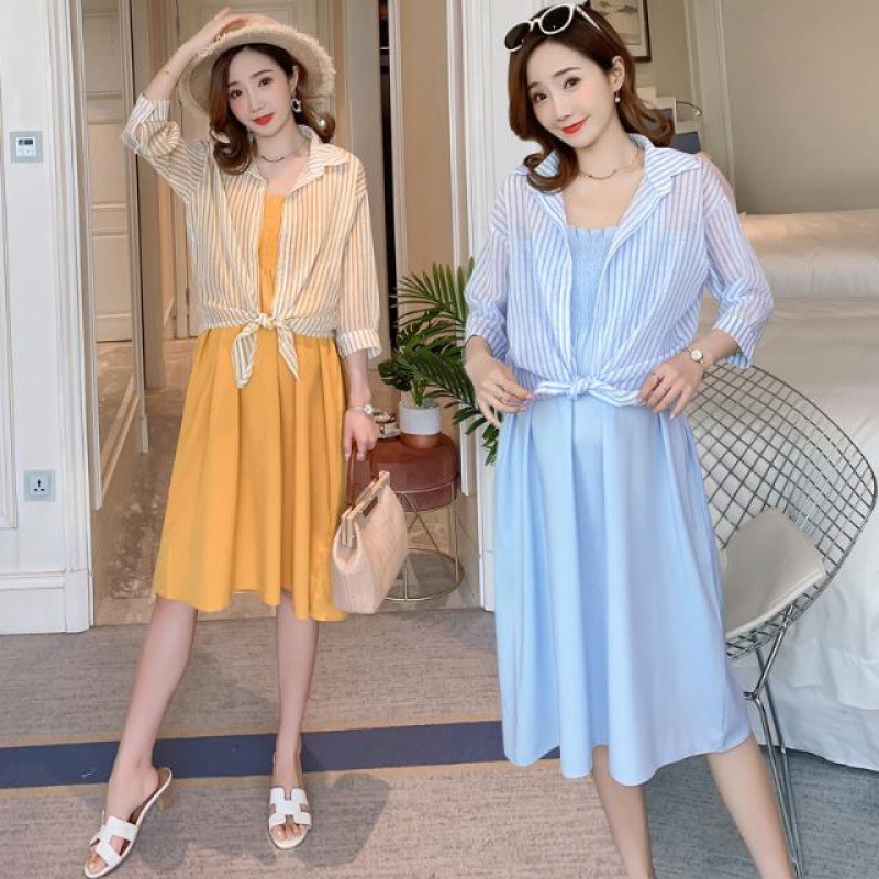 pregnant woman suit Ultra cents stripe Sunscreen Large shirt Two piece set fresh Chiffon camisole Dress pregnancy