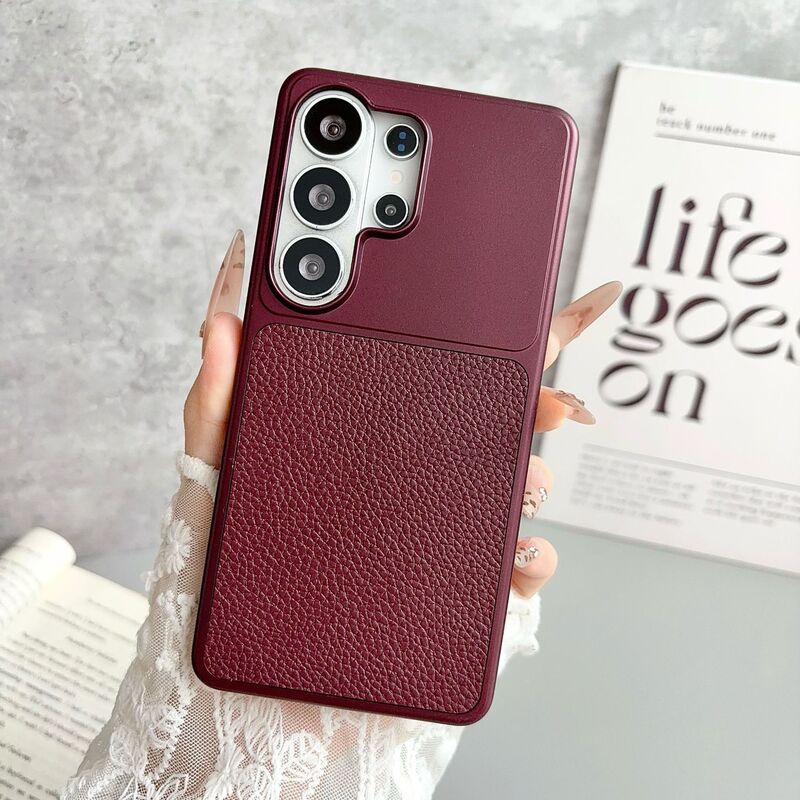 Suitable for Samsung S26Ultra Mobile Phone Case, Skin-Like Metallic Paint, S25Fe, Lychee Pattern, S24 All-Inclusive Anti-Fall Protective Case